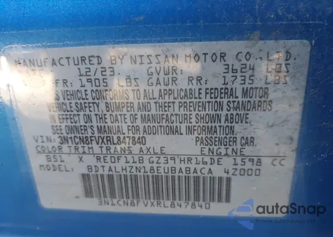2024 Nissan Versa 1.6 Sr from USA, damaged, VIN 3N1CN8FVXRL847840